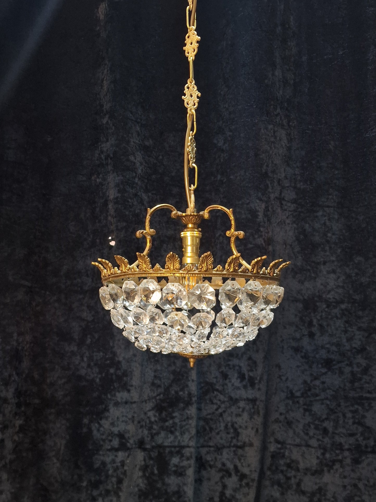Lovely Vintage French 1 Light Half Bag Crystal Basket Brass Chandelier Light