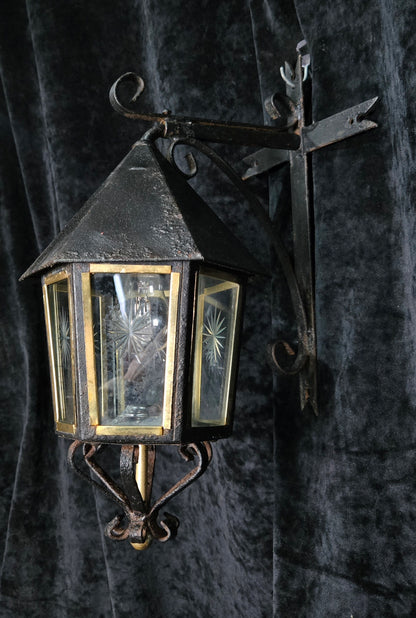Traditional Antique Wrought Iron Starburst Cut Glass Outdoor Wall Lantern Light