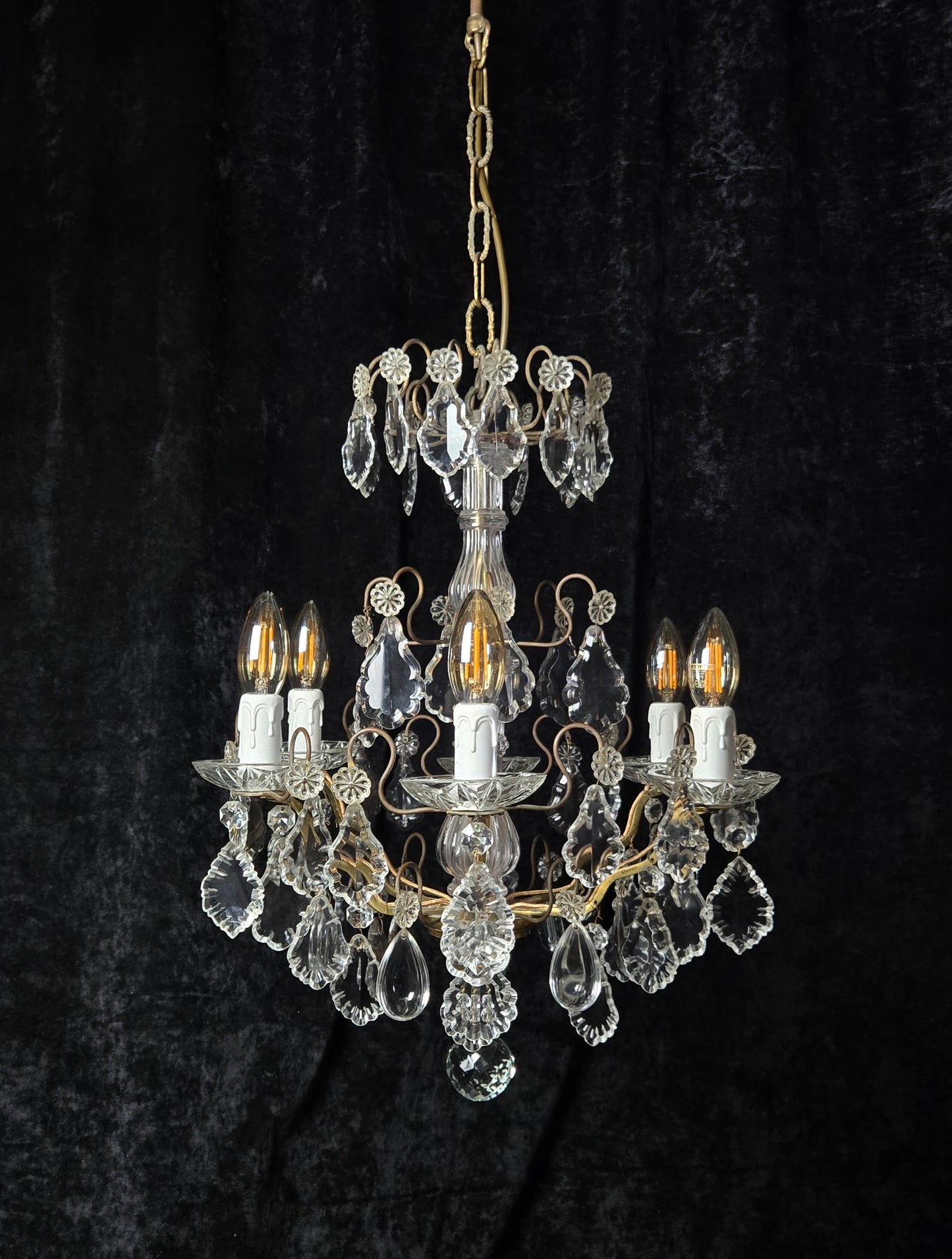 Fabulous Heavy Antique French 6 Arm Bronze Tiered Crystal Chandelier Light