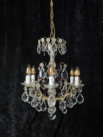 Fabulous Heavy Antique French 6 Arm Bronze Tiered Crystal Chandelier Light