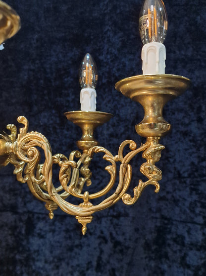 Traditional Vintage Italian Polished Brass 6 Arm Chandelier Ceiling Light