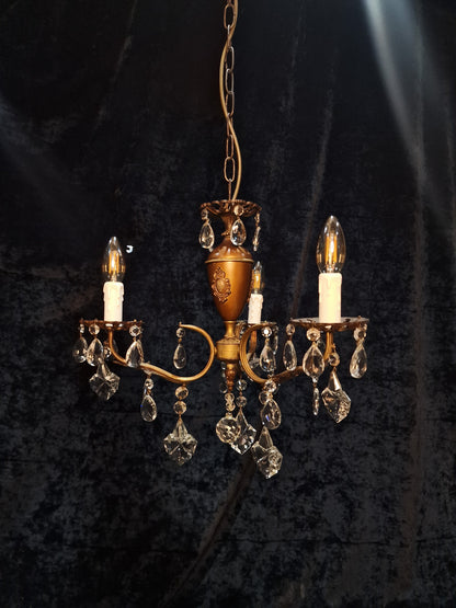 Lovely Vintage Italian 3 Arm Brass Crystal Leaf Chandelier Ceiling Light
