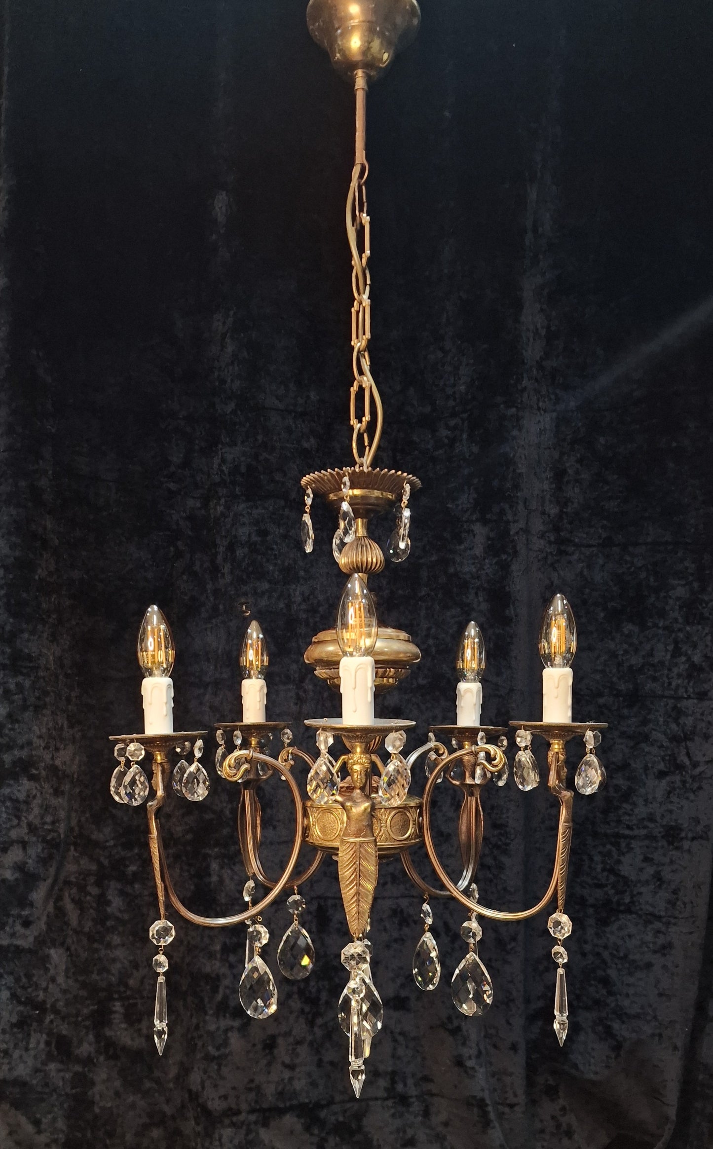 Unique Elegant Vintage Italian 5 Arm Brass and Crystal Mermaid Chandelier Light