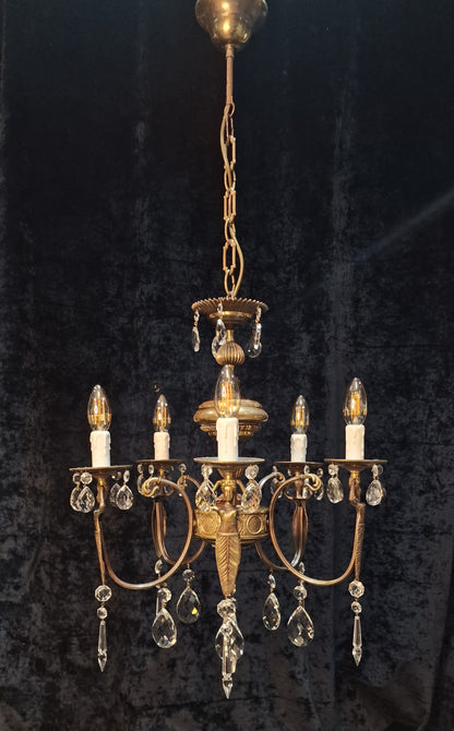 Unique Elegant Vintage Italian 5 Arm Brass and Crystal Mermaid Chandelier Light