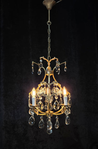 Beautiful Vintage Italian 3 Arm Brass Crystal Cage Chandelier Ceiling Light