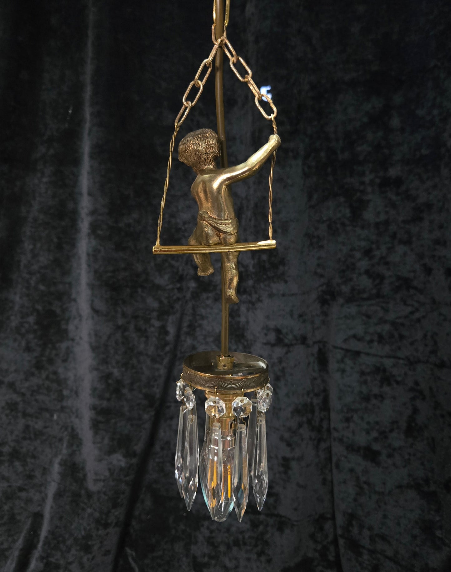 Beautiful Petite Vintage French Brass Cherub Crystal Chandelier Ceiling Light