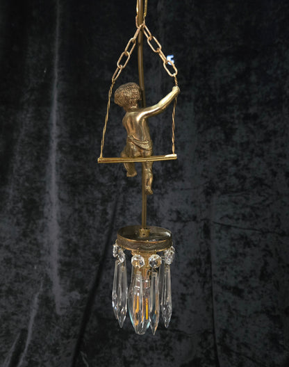 Beautiful Petite Vintage French Brass Cherub Crystal Chandelier Ceiling Light
