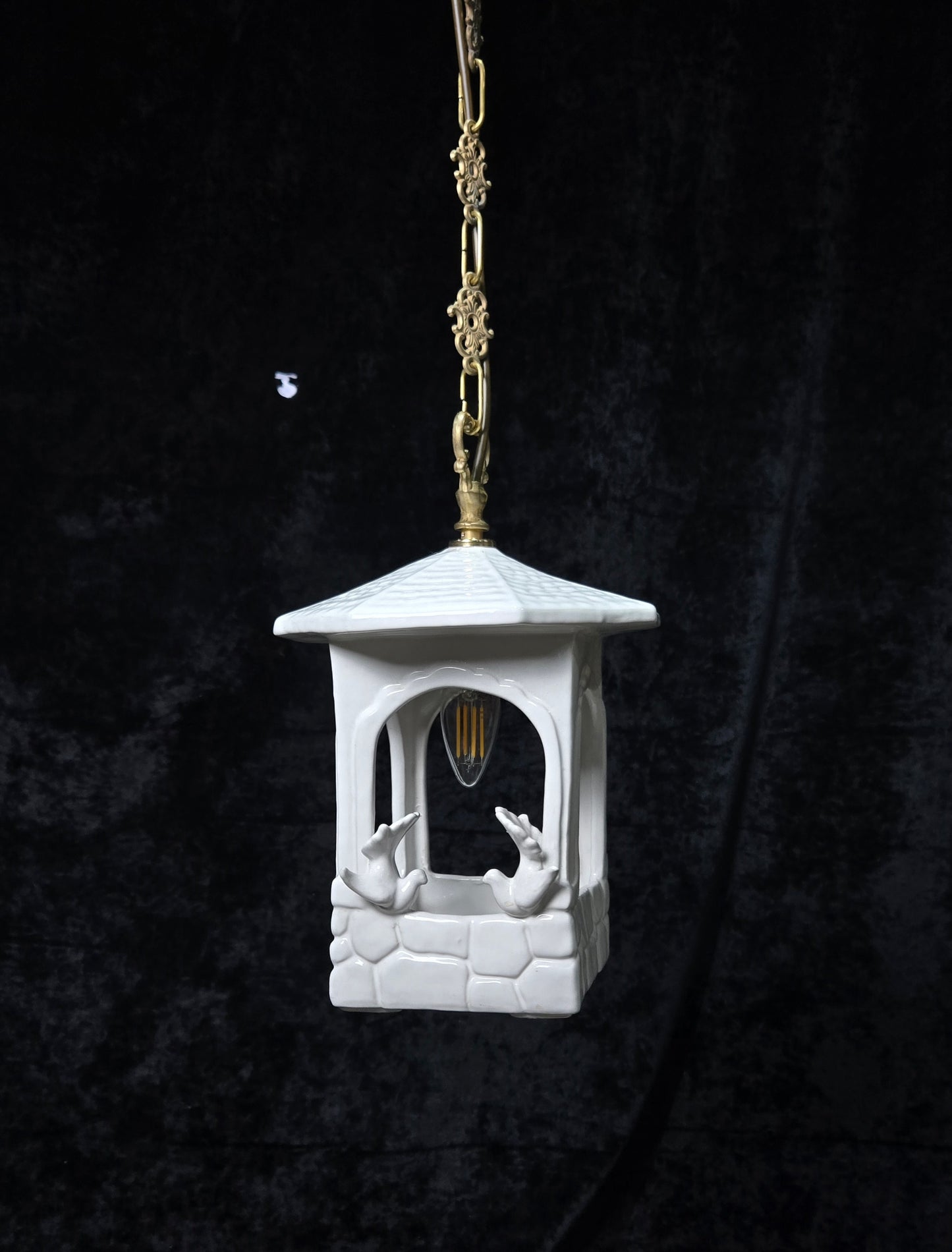 Unique Vintage White Ceramic Doves Hanging Lantern Ceiling LightUnique Vintage White Ceramic Doves Hanging Lantern Ceiling Light