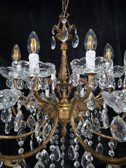 Fabulous Large Vintage Italian Heavy 8 Arm 16 Light Brass Crystal Chandelier