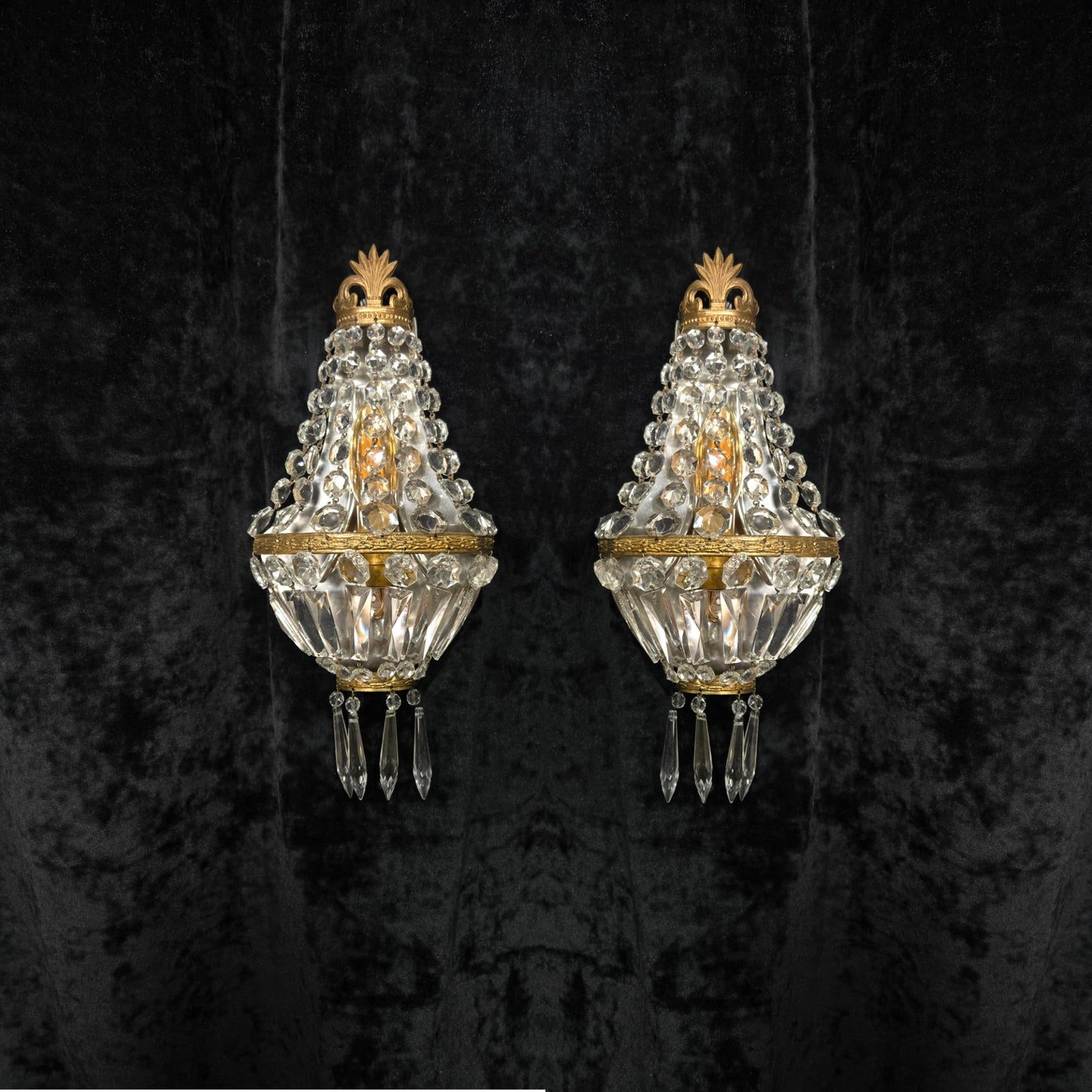 Stunning Pair Vintage French Brass Crystal Montgolfiere Sconces Wall Lights