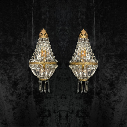 Stunning Pair Vintage French Brass Crystal Montgolfiere Sconces Wall Lights