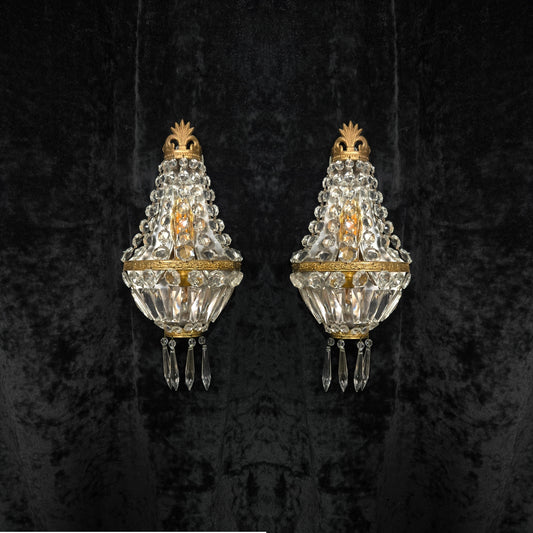 Stunning Pair Vintage French Brass Crystal Montgolfiere Sconces Wall Lights