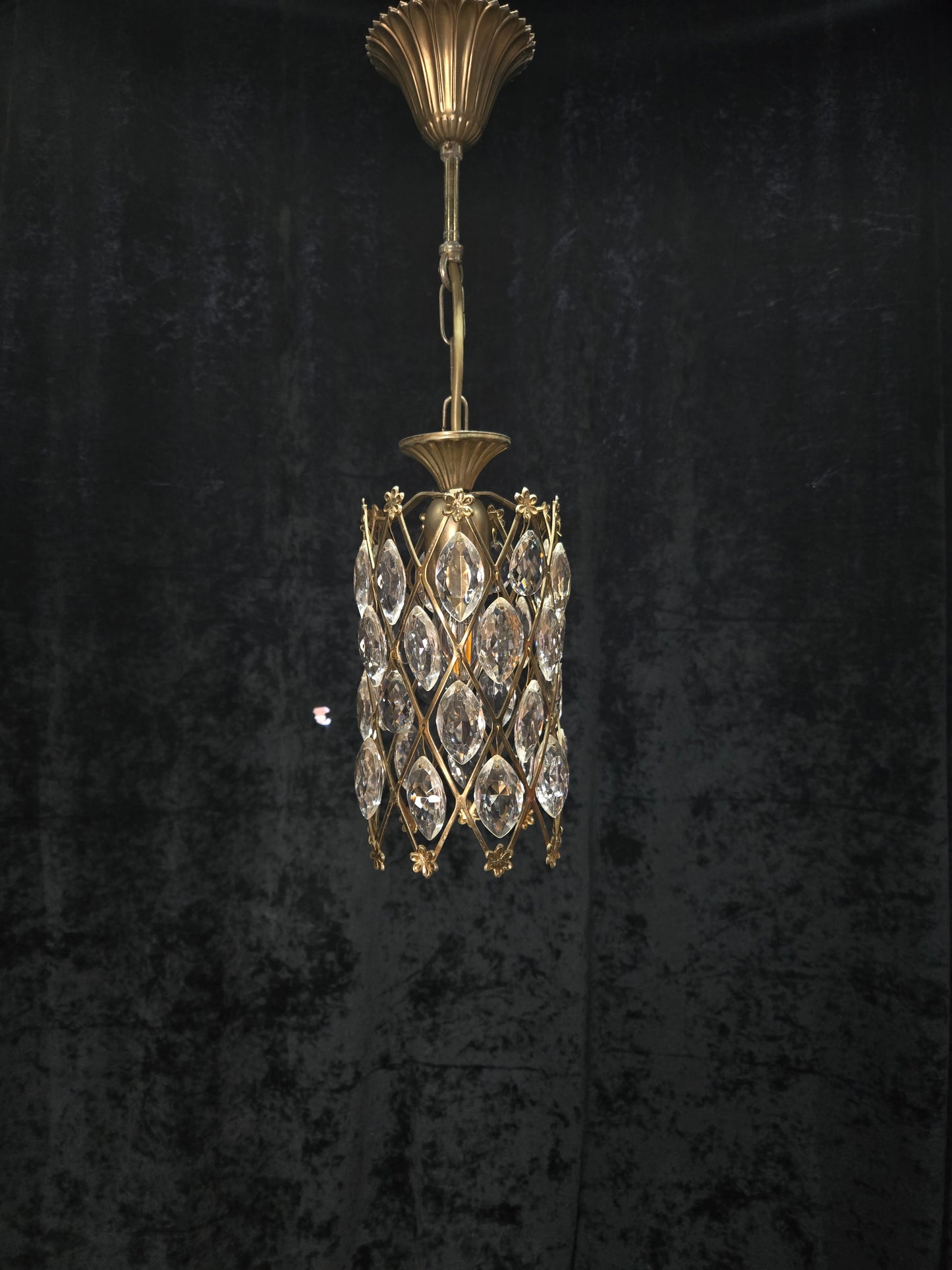 Unique Vintage Italian 1 Light Brass Small Cylinder Crystal Caged Chandelier