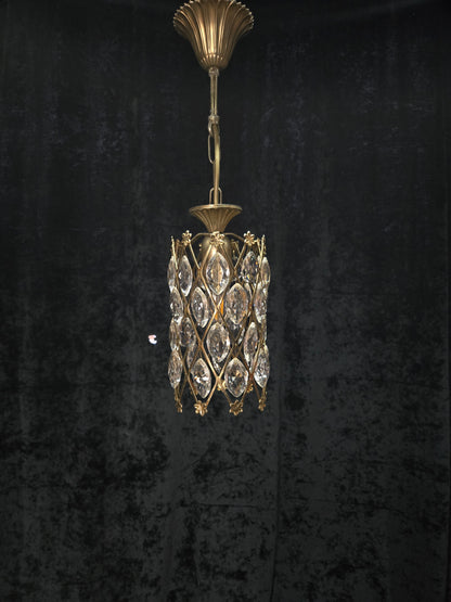 Unique Vintage Italian 1 Light Brass Small Cylinder Crystal Caged Chandelier