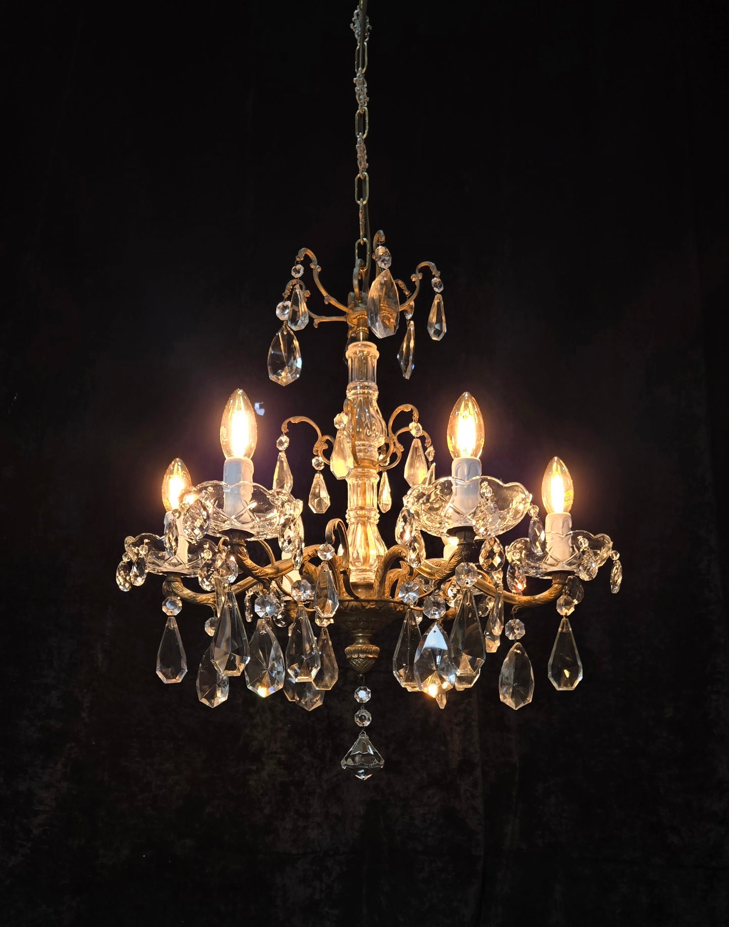 Fabulous Antique French 6 Arm Brass 2 Tier Crystal Chandelier Ceiling Light