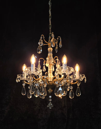 Fabulous Antique French 6 Arm Brass 2 Tier Crystal Chandelier Ceiling Light
