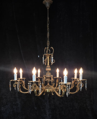 Fabulous Vintage Italian 8 Arm Large Brass Crystal Cherub Chandelier Light