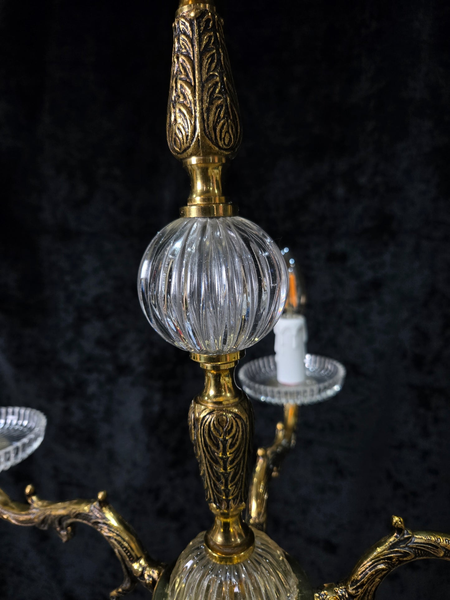 Classical Vintage 5 Arm Brass and Glass Chandelier Ceiling Light