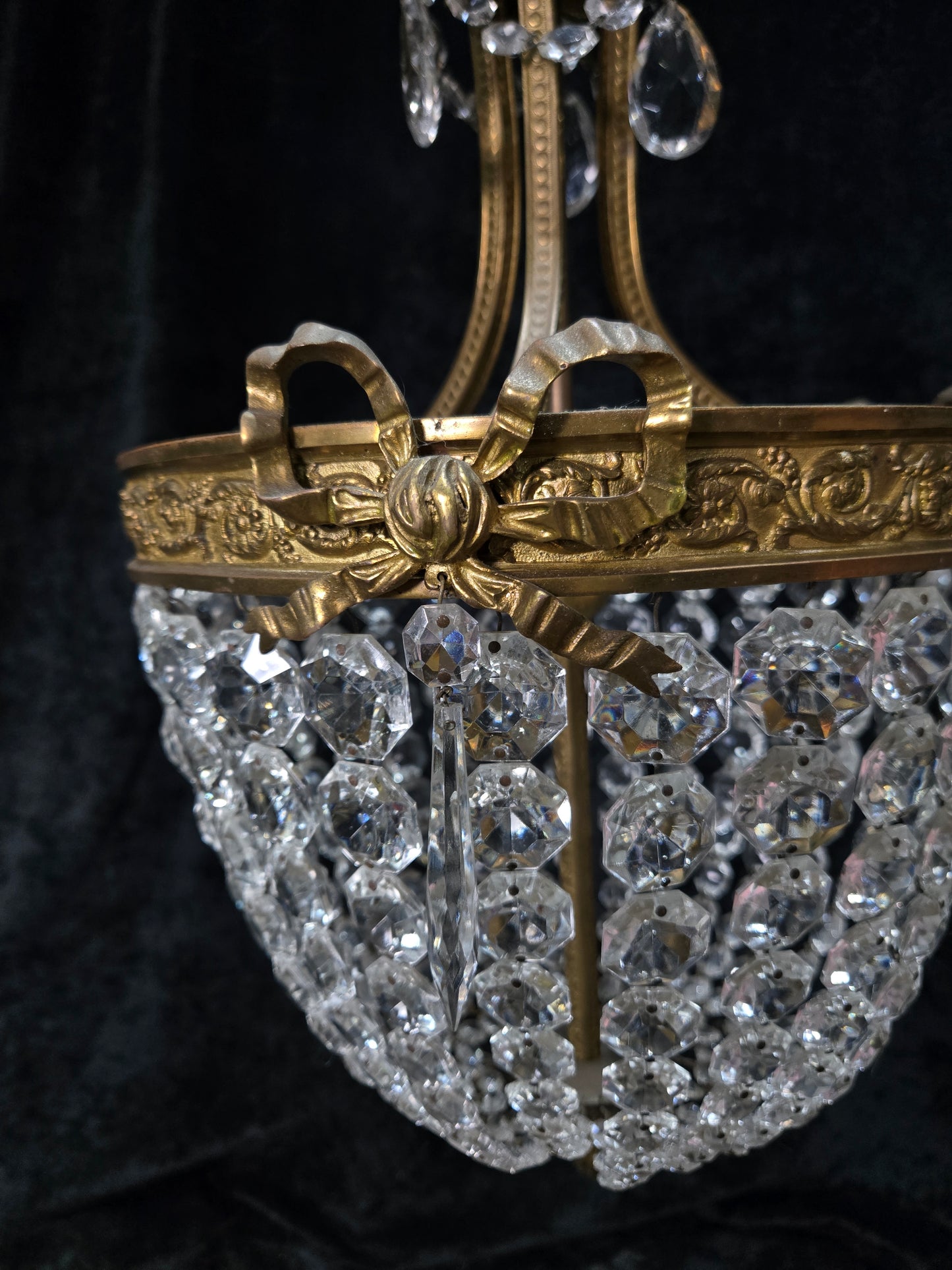 Traditional Antique French 3 Light Brass Bronze Crystal Empire Chandelier