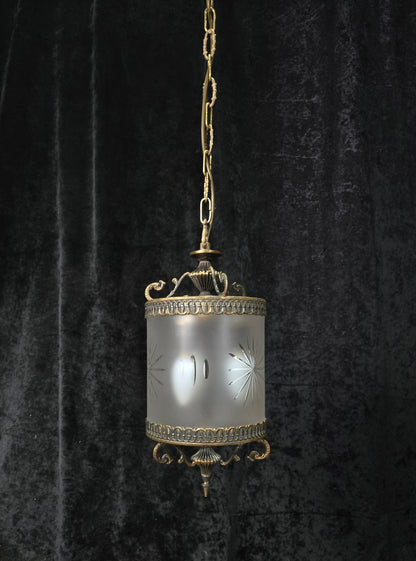 Elegant Vintage Italian Cylinder Cut Glass Starburst Brass 3 Light Lantern
