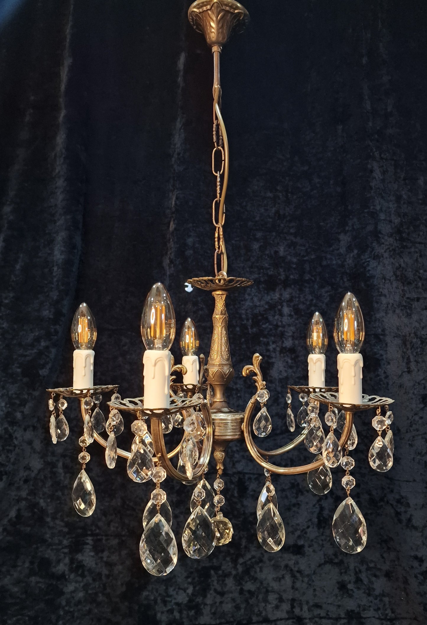 Beautiful Vintage French 5 Arm Brass and Crystal Chandelier Ceiling Light
