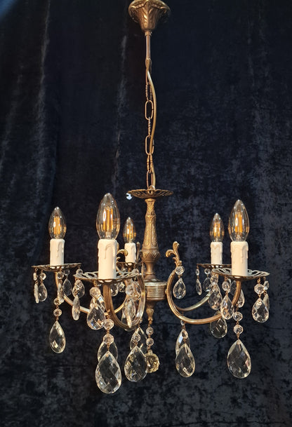 Beautiful Vintage French 5 Arm Brass and Crystal Chandelier Ceiling Light