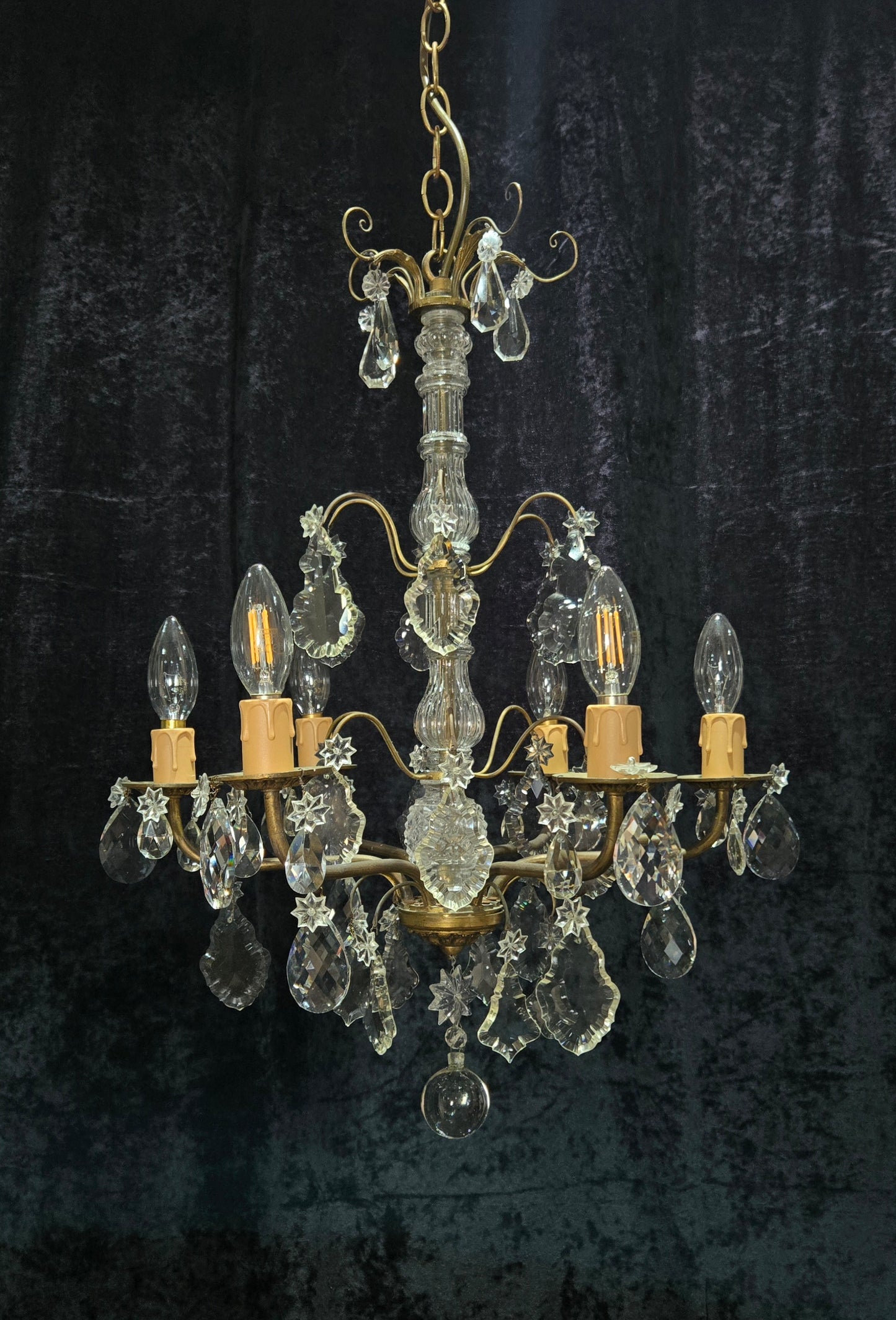 Beautiful Antique French 6 Arm Brass 3 Tier Crystal Chandelier Ceiling Light