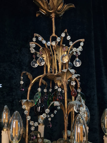 Fabulous Vintage Italian 6 Arm Caged Tole Murano Fruits Chandelier Light