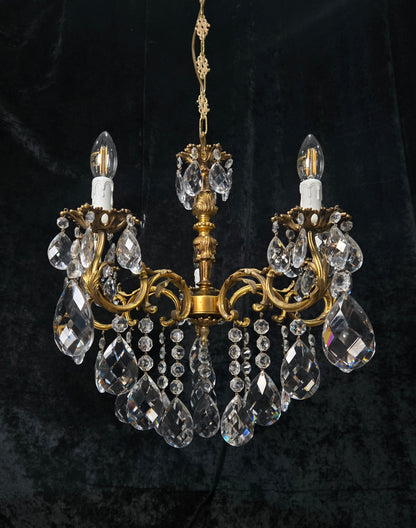Fabulous Vintage French 5 Arm Brass Heavy Crystal Leaf Chandelier Ceiling Light