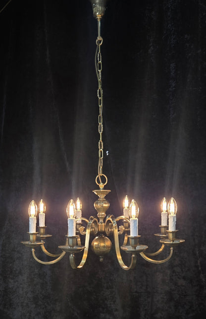 Classical Vintage Polished Brass Large 8 Arm Flemish Style Chandelier Light