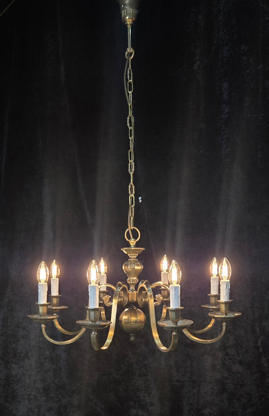 Classical Vintage Polished Brass Large 8 Arm Flemish Style Chandelier Light