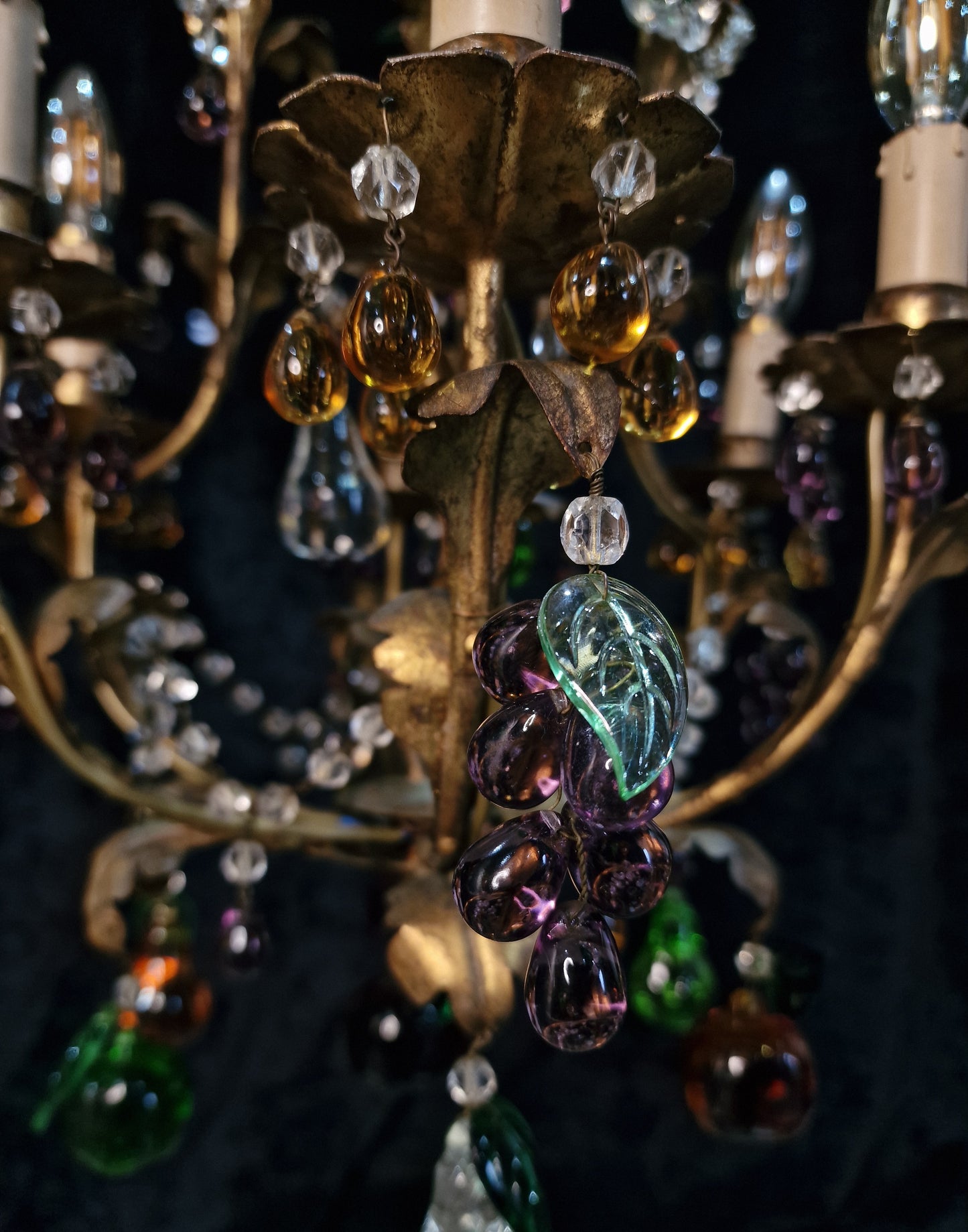 Fabulous Vintage Italian 6 Arm Caged Tole Murano Fruits Chandelier Light