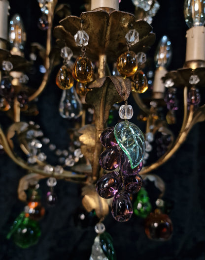 Fabulous Vintage Italian 6 Arm Caged Tole Murano Fruits Chandelier Light