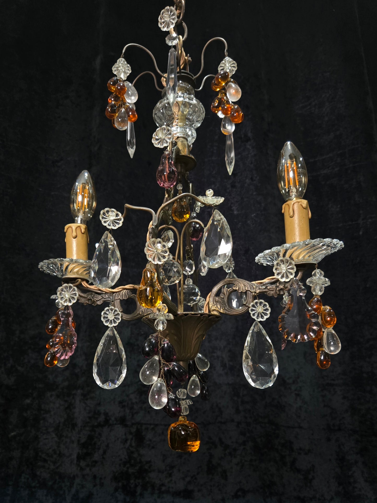 Fabulous Antique French 2 Arm Caged Murano Crystal Brass Chandelier Light