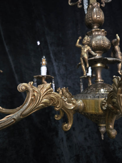 Fabulous Vintage Italian 8 Arm Large Brass Crystal Cherub Chandelier Light