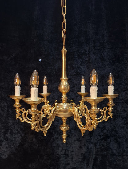Traditional Vintage Italian Polished Brass 6 Arm Chandelier Ceiling Light