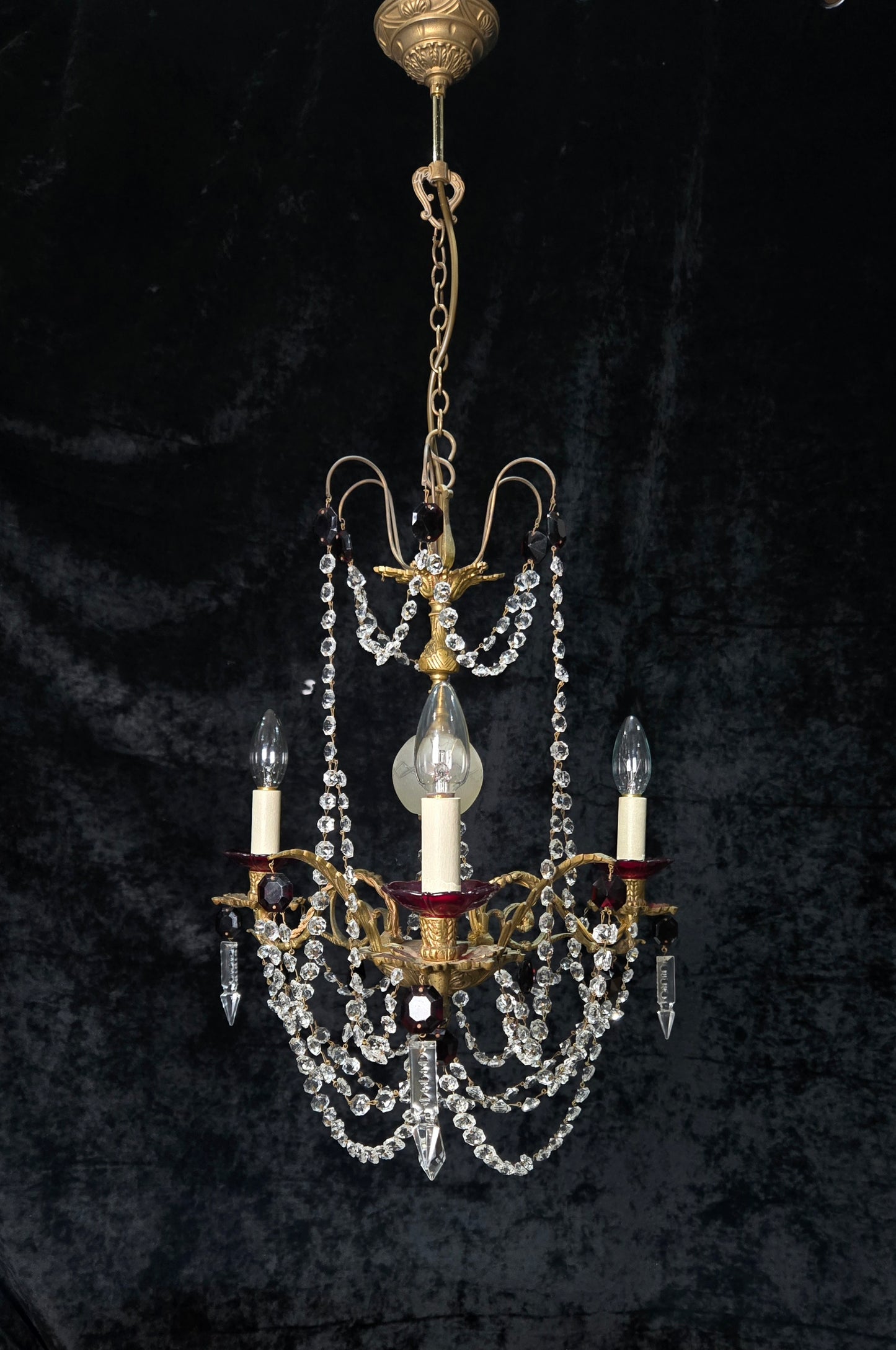 Stunning Antique French 3 Arm Glass Garnet Crystal Chandelier Ceiling Light