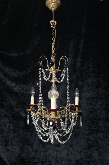 Stunning Antique French 3 Arm Glass Garnet Crystal Chandelier Ceiling Light