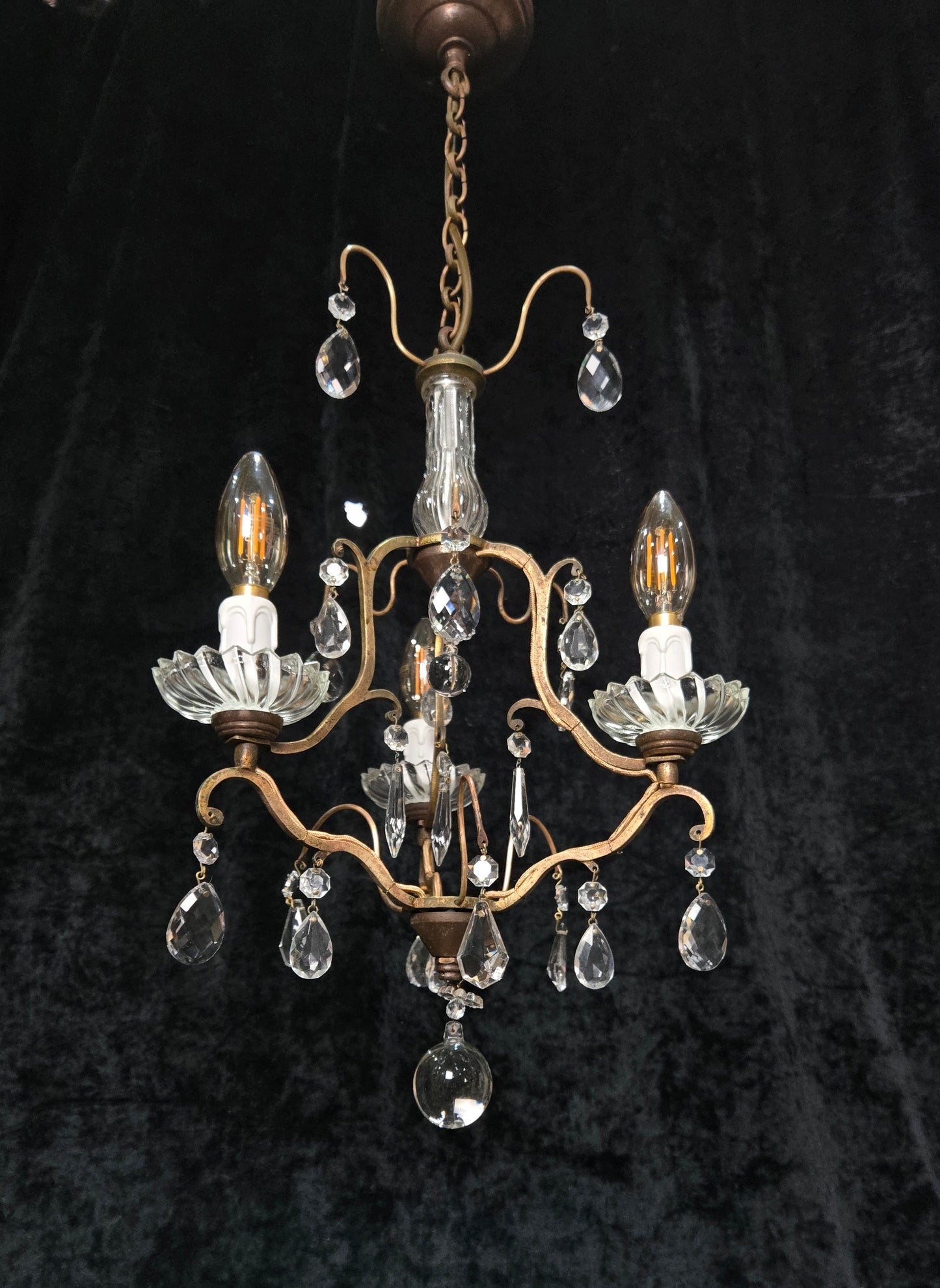 Lovely Petite Antique French 3 Arm Cage Brass Crystal Chandelier Ceiling Light