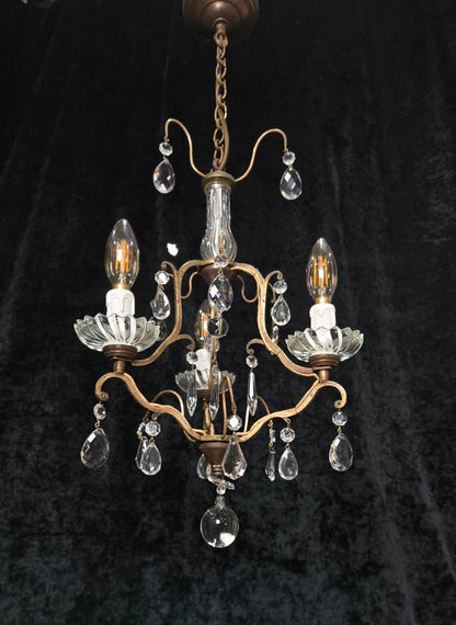 Lovely Petite Antique French 3 Arm Cage Brass Crystal Chandelier Ceiling Light