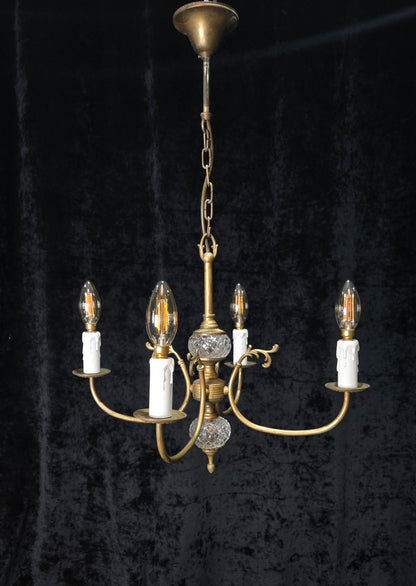 Classical Vintage French 4 Arm Lacquered Brass Crystal Chandelier Ceiling Light