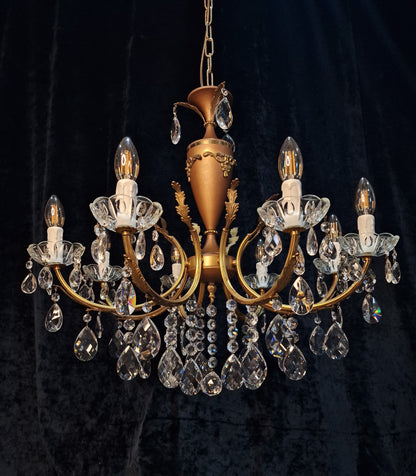 Beautiful Vintage Italian 8 Arm Brass and Crystal Leaf Chandelier Ceiling Light