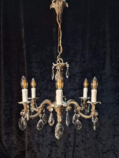 Beautiful Heavy Antique French Bronze Nickel Plated Crystal 6 Arm Chandelier