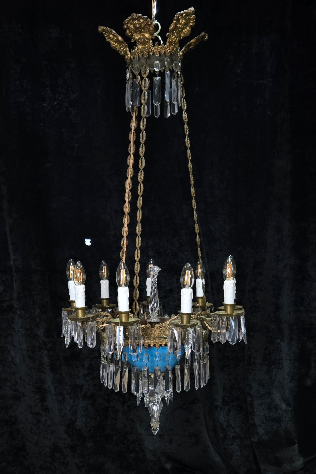 Exceptional Antique French Late 1800s 9 Arm Brass Blue Glass Crystal Chandelier