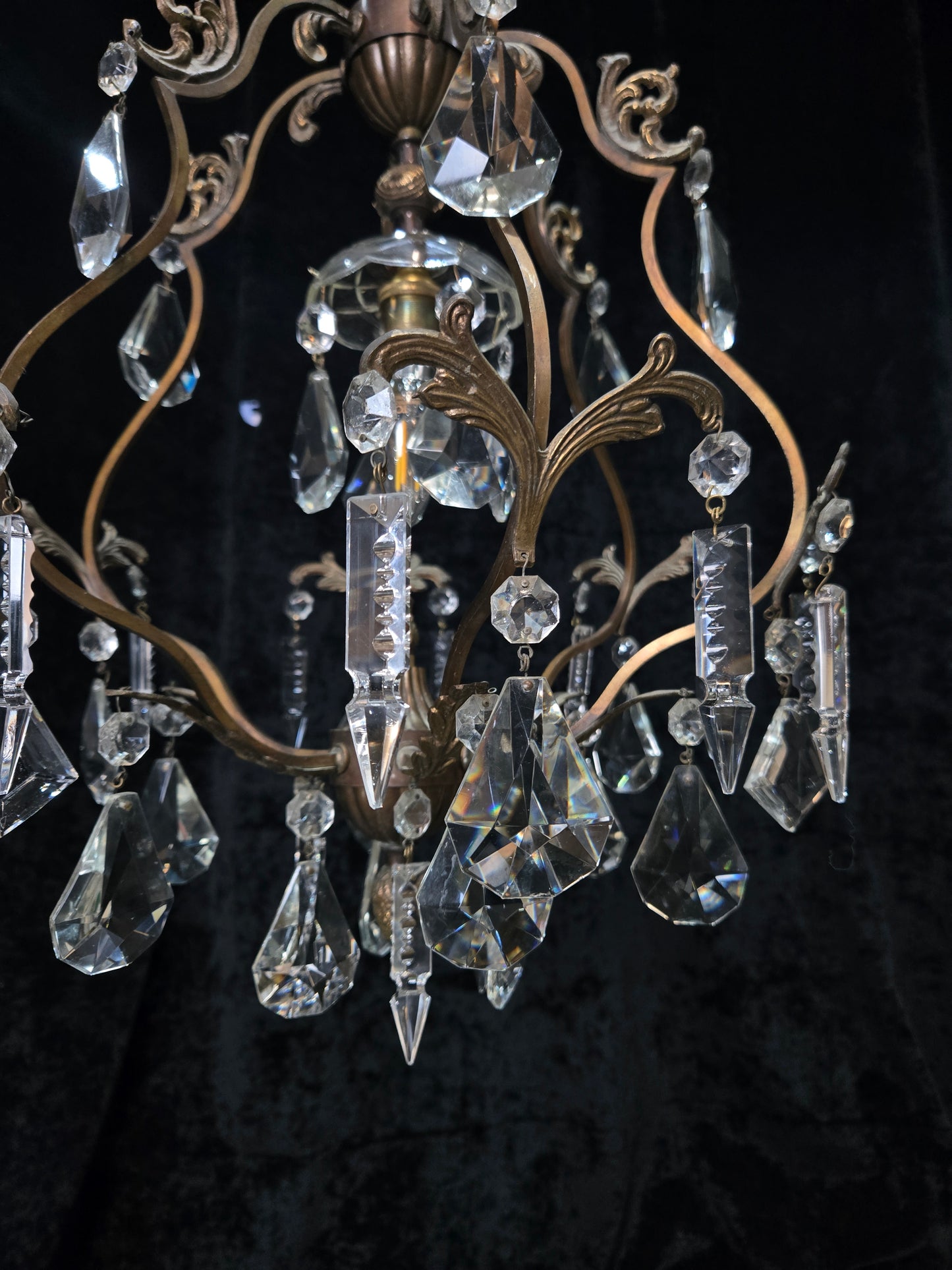 Elegant Vintage Italian 1 Light Cage Crystal Brass Chandelier Ceiling Light