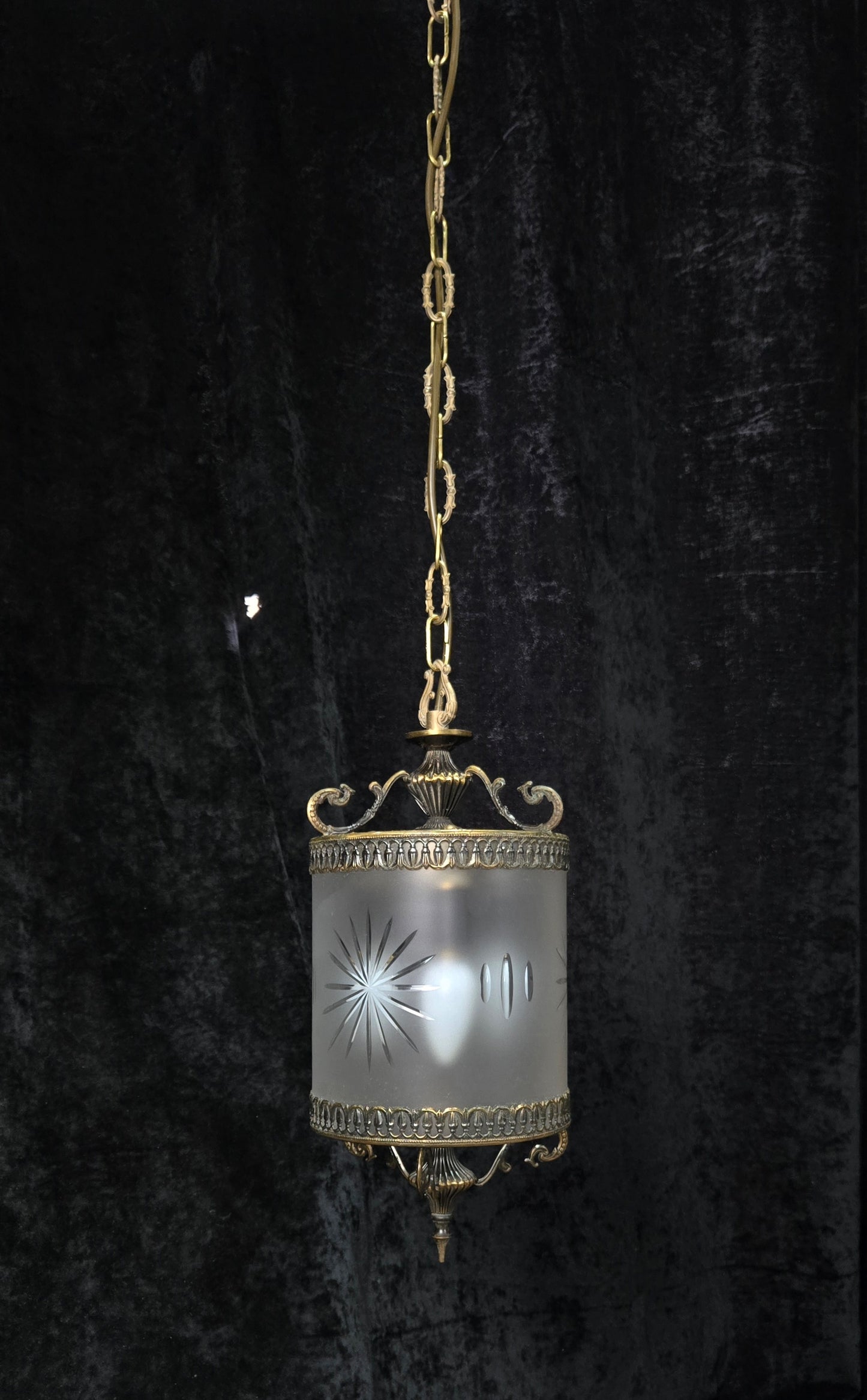 Elegant Vintage Italian Cylinder Cut Glass Starburst Brass 3 Light Lantern