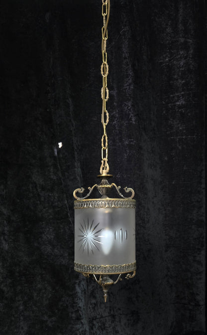 Elegant Vintage Italian Cylinder Cut Glass Starburst Brass 3 Light Lantern