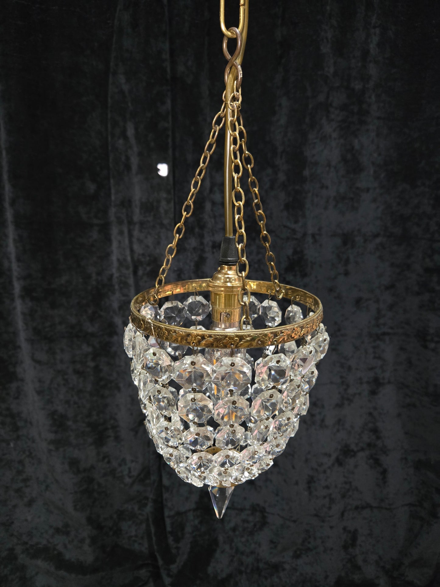 Petite Antique French Crystal Half Bag Brass 1 Light Chandelier Ceiling Light