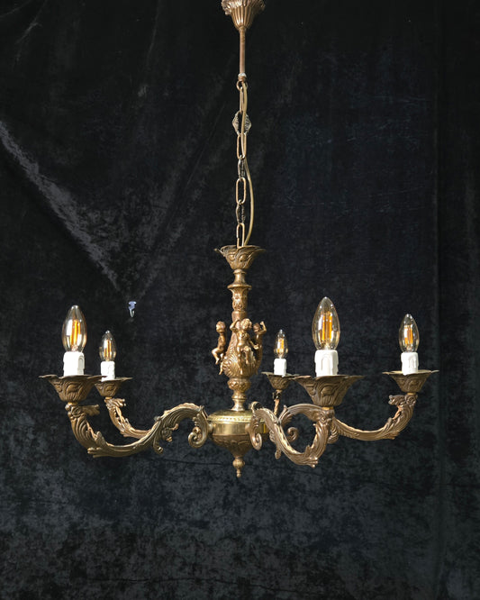 Decorative Vintage Italian 5 Arm Brass Cherub Flower Chandelier Ceiling Light