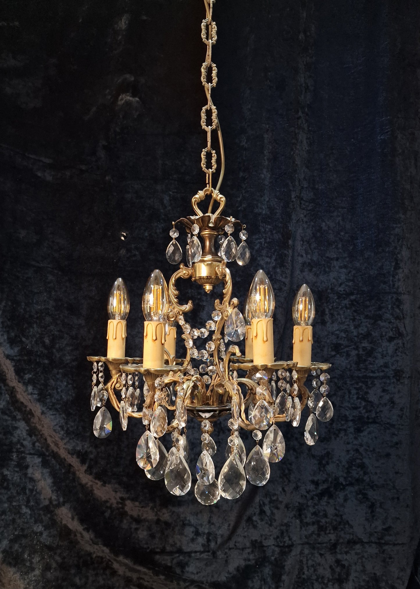 Beautiful Vintage French 6 Arm Brass Caged Crystal Chandelier Ceiling Light